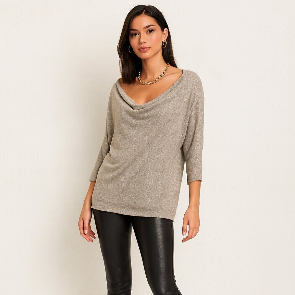 Velvet by Graham & Spencer Metallic Silver Cowl Neck Top 3/4 Sleeve Size S